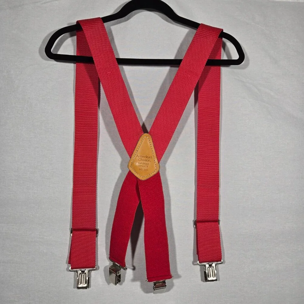 USA Vintage 70's Red CANVAS Straps TOP-GRAIN Leather CLIPS 46" X 2" Suspenders. - Picture 1 of 17